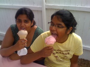 Sapna and Shalini enjoy treats from The Creamee Stand in Wilmington, Vermont.